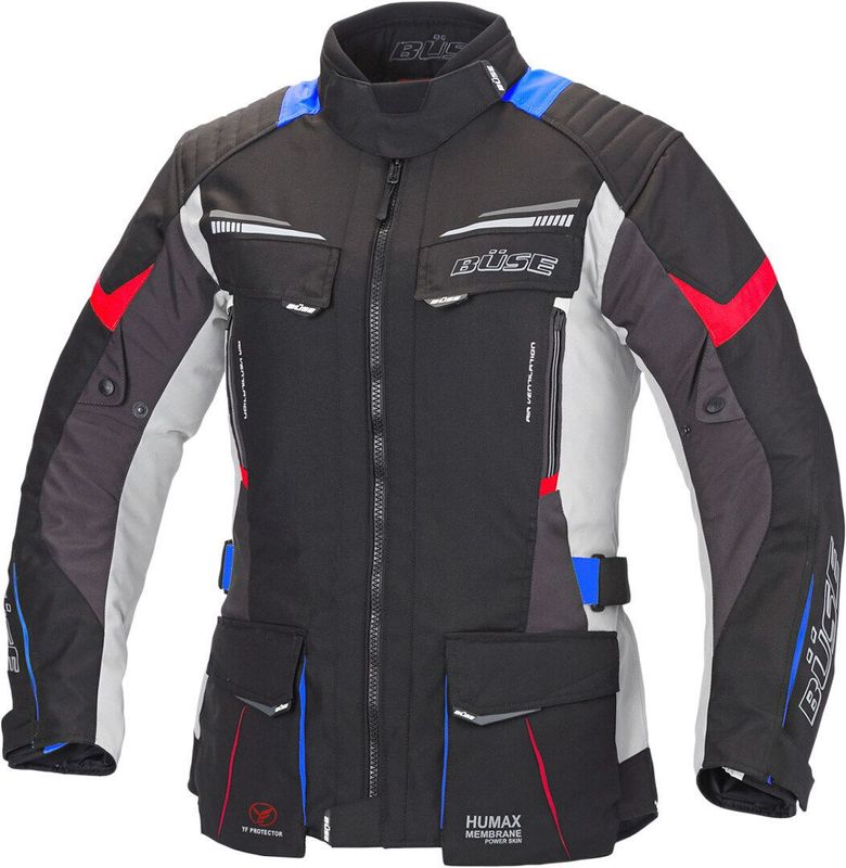 Büse Lago Pro Chaqueta textil motocicletas de MUJER Gris Claro/Azul/Rojo