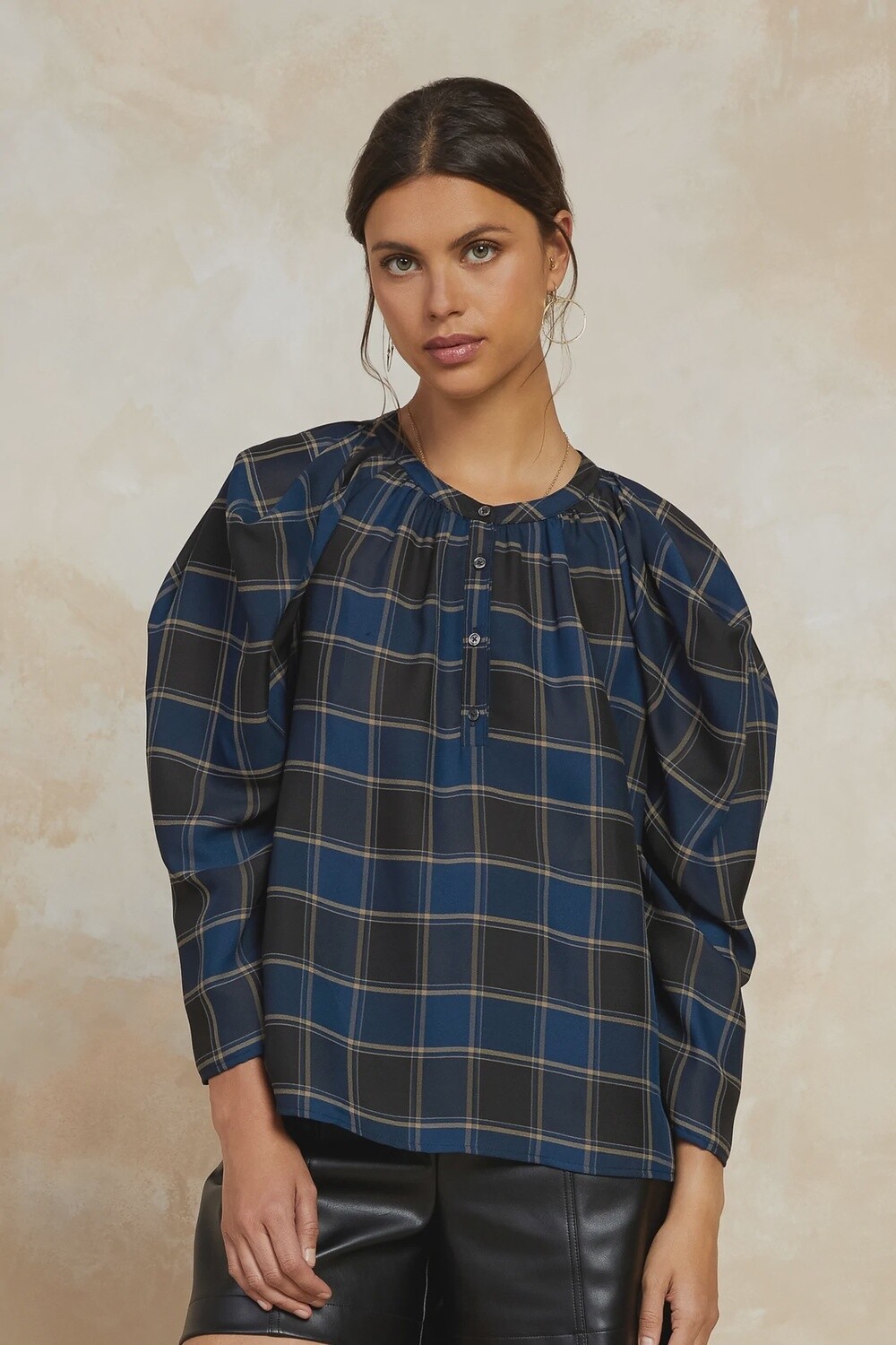 Black Navy Plaid Top