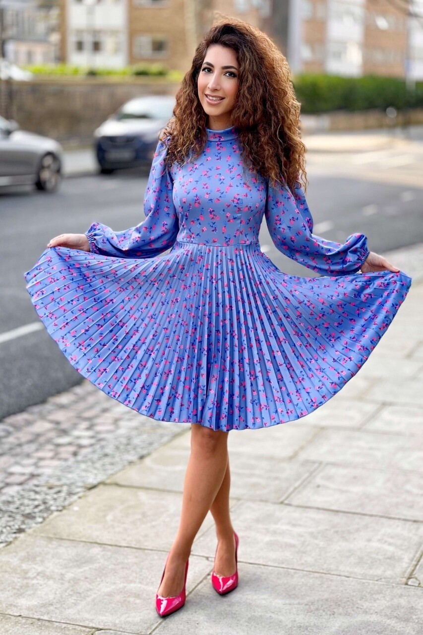 High Neck Pleated Mini Dress