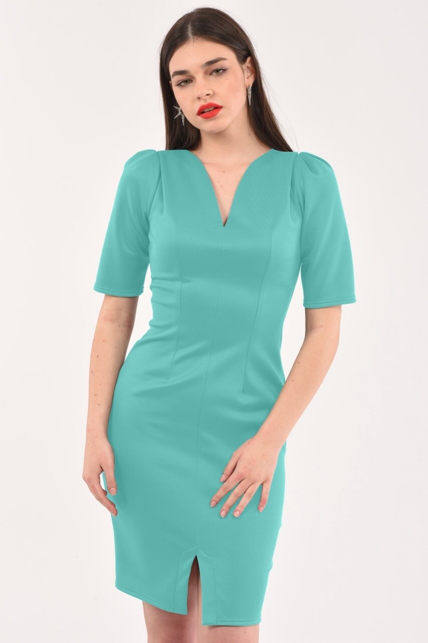 V Neck Pleated Sleeve Dress