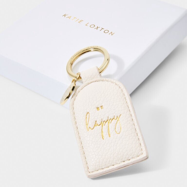 Beautifully Boxed Keyring "Be Happy' in Cream