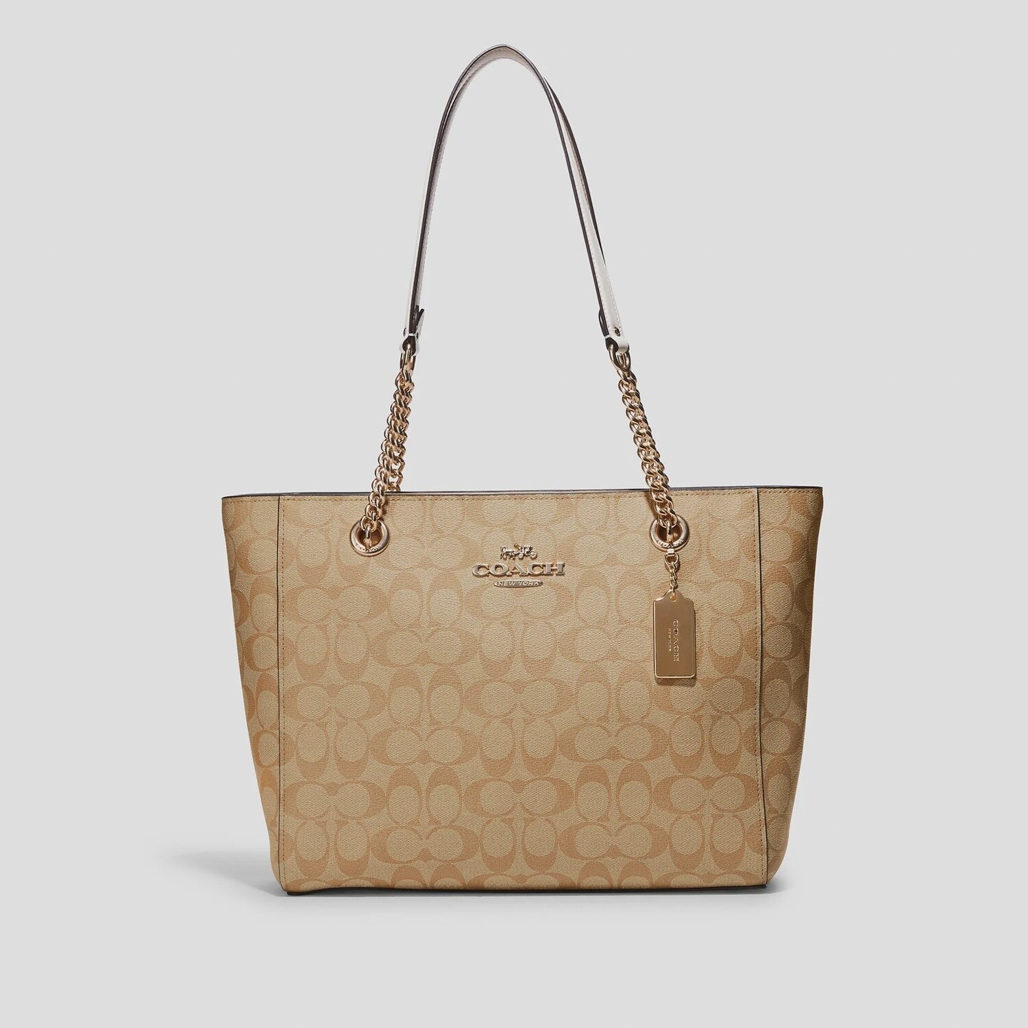 Cammie Chain Tote In Signature Canvas, Color: Gold/ Light Khaki Chalk