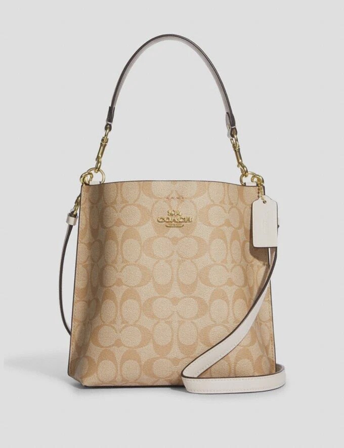 Mollie Bucket Bag 22 In Signature Canvas, Color: Gold/ Light Khaki Chalk