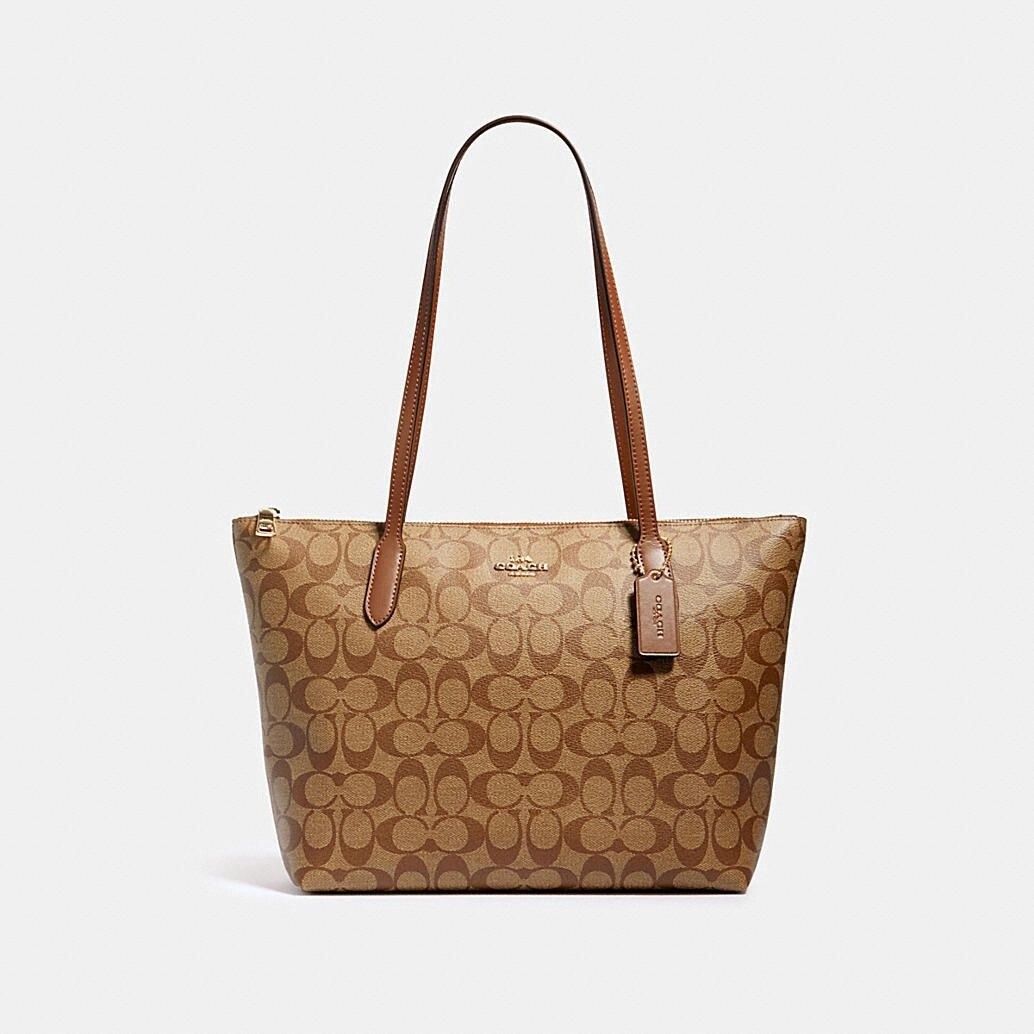 Zip Top Tote, Color: Gold/Khaki Saddle 2