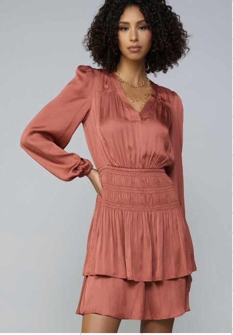LONG SLEEVE V-NECK SMOCKED DETAIL TIERED MINI DRESS, Size: XS