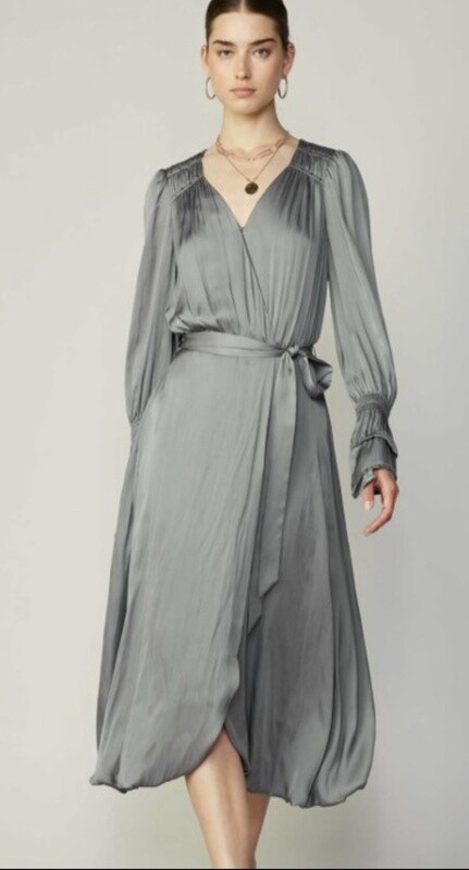 V-NECK SILKY WRAP MIDI DRESS