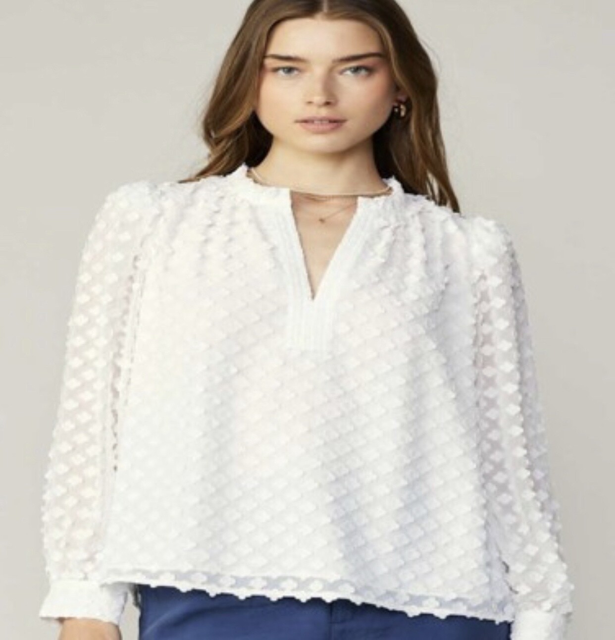 CLIPPED FLOWER JACQUARD 3/4 SLEEVE TOP, Size: XS, Color: White