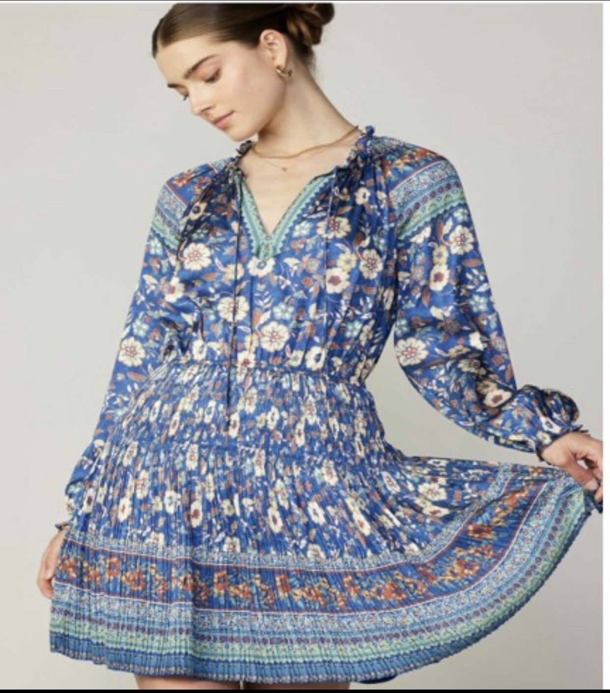 SMOKED WAIST BORDER PRINT MINI DRESS, Size: XS, Color: Navy Multi