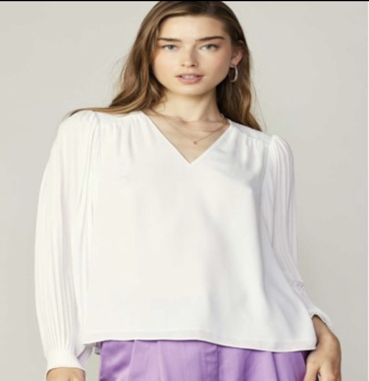 SHOULDER SMOKING V-NECK LONG-SLEEVE TOP, Size: XS, Color: White