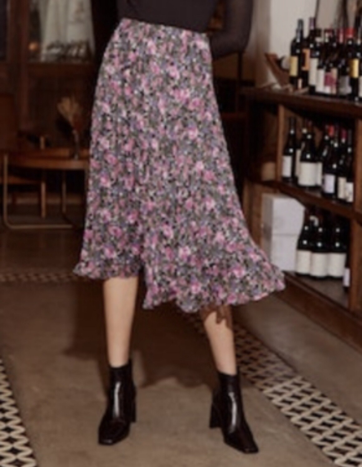 Rose Pleated Skirt, Size: XS, Color: Black