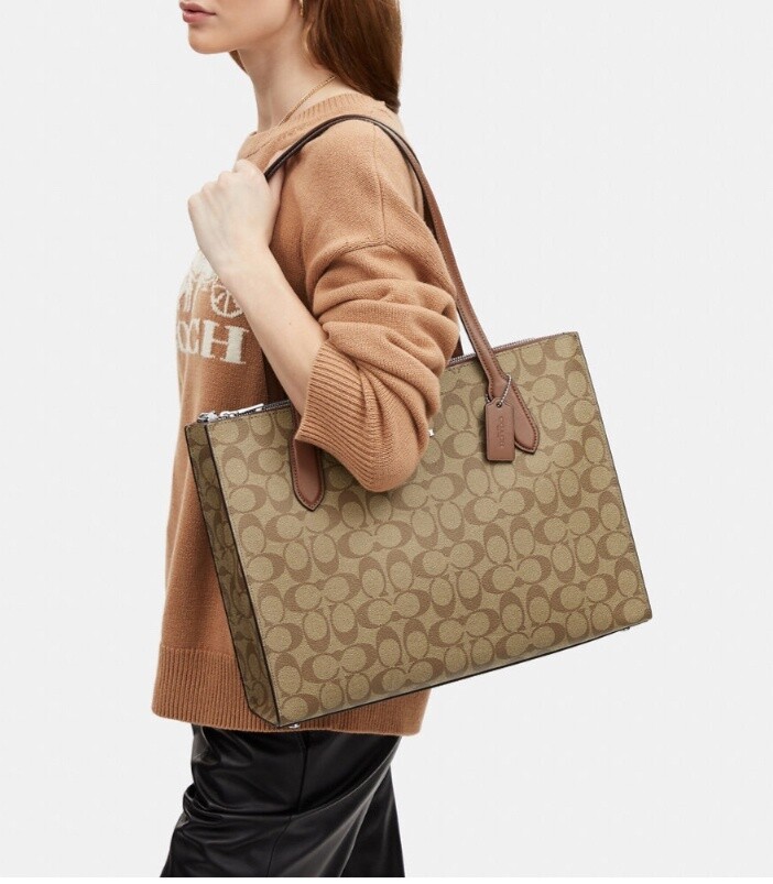 Nina Tote In Signature Canvas, Color: Khaki Saddle