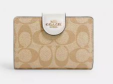 Medium Corner Zip Wallet Signature Canvas, Color: Gold/Light Khaki Chalk