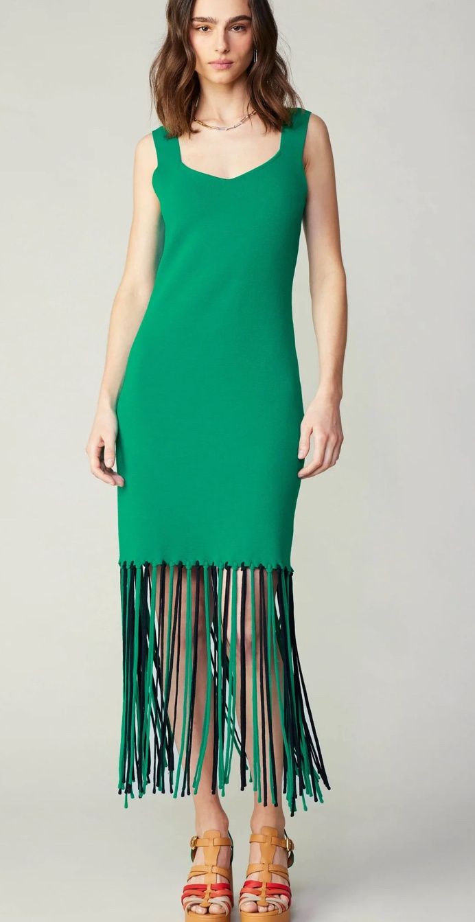 SWEETHEART NECK SWEATER MIDI DRESS WITH FRINGE