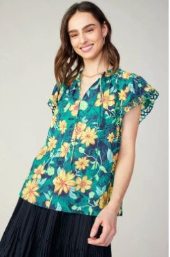 SHORT-SLEEVE SPLIT NECK BLOUSE WITH SELF TIE &amp; EMBROIDERY DETAIL ON SLEEVE
