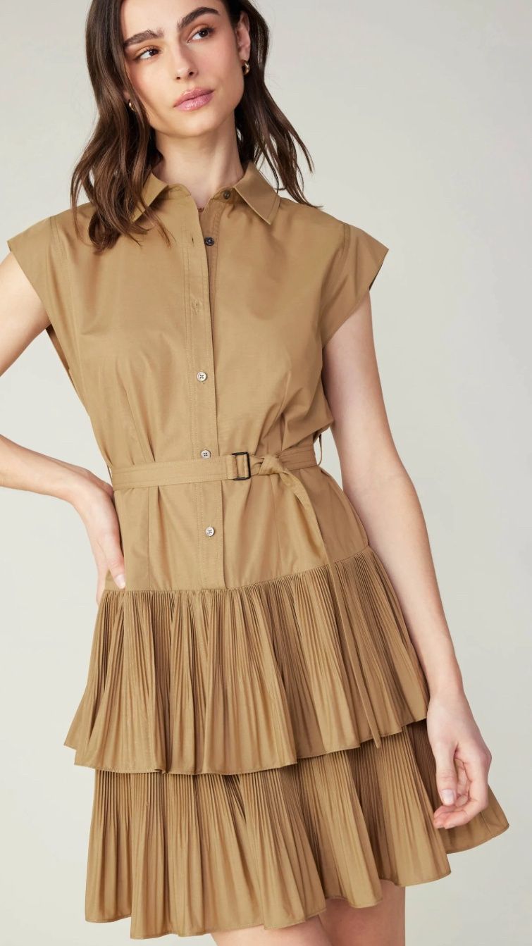 SLEEVELESS BUTTON DOWN TIERED MINI DRESS, Size: XS, Color: Latte