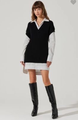ISHILLY LAYERED SWEATER DRESS, Size: XS, Color: Black/ White