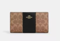 Slim Zip Wallet In Signature Canvas w/ Stripe, Color: Gold/ Tan/ Black