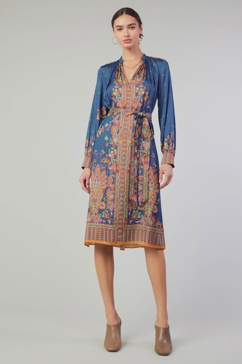 LONG-SLEEVE V-NECK MANDARIN COLLAR MIDI DRESS, Size: XS, Color: Navy Multi