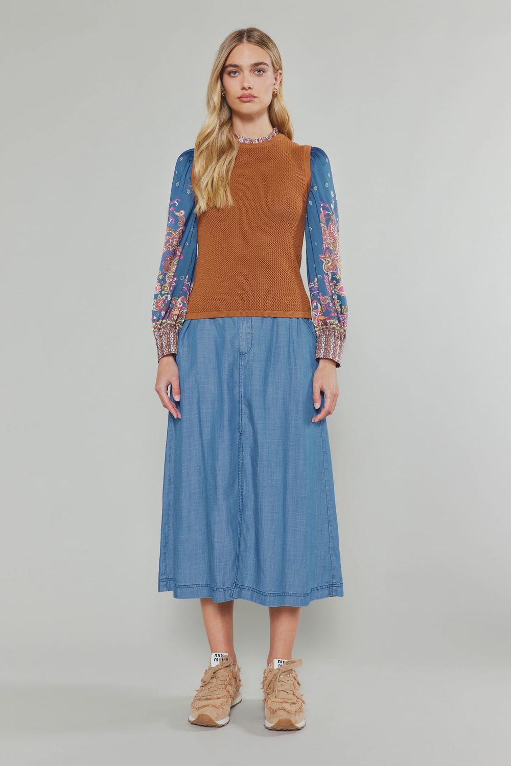 LONG-SLEEVE WOVEN COMBO SWEATER W, Size: XS, Color: Rust Navy