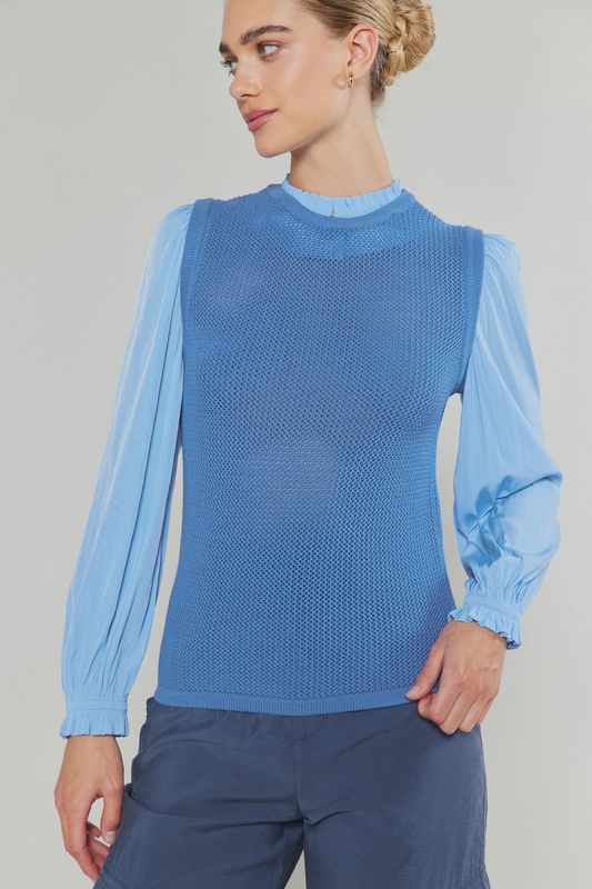 LONG-SLEEVE WOVEN COMBO SWEATER
