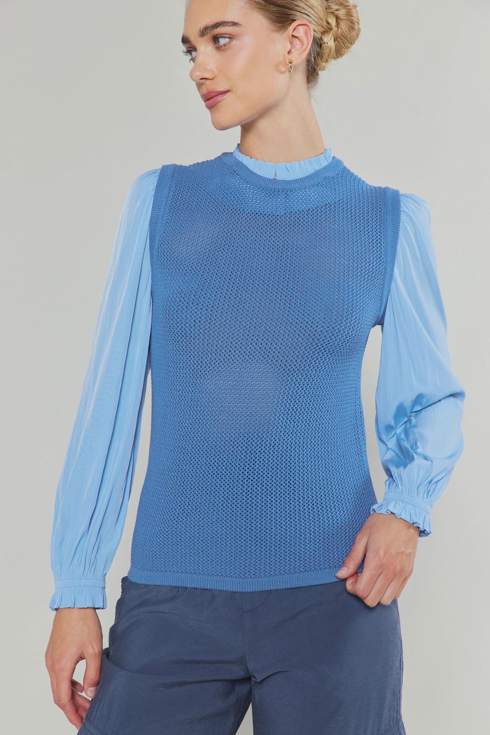 LONG-SLEEVE WOVEN COMBO SWEATER, Size: XS, Color: Aero Blue
