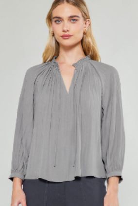 3/4 SLEEVE SPLIT NECK BLOUSE W/ A PLEATED TIE TOP, Size: XS, Color: Grey