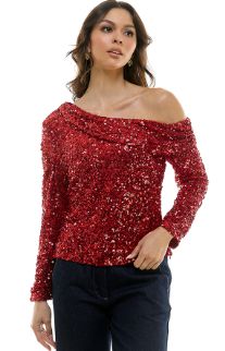 Off Shoulder Sequin Top, Size: S, Color: Red