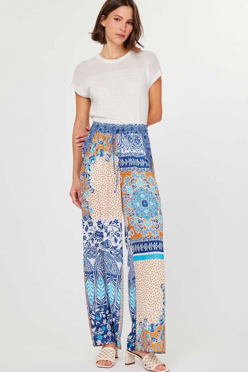 Long Wide Pants with Elasticated Waist, Size: XS, Color: Green Multi