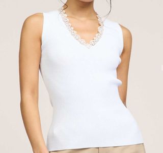 V-Neck Sleveless Tank Top W/Lace Neck Detail, Size: XS, Color: White