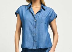 Cap-Sleeve Button Down Blouse, Size: XS, Color: Chambray