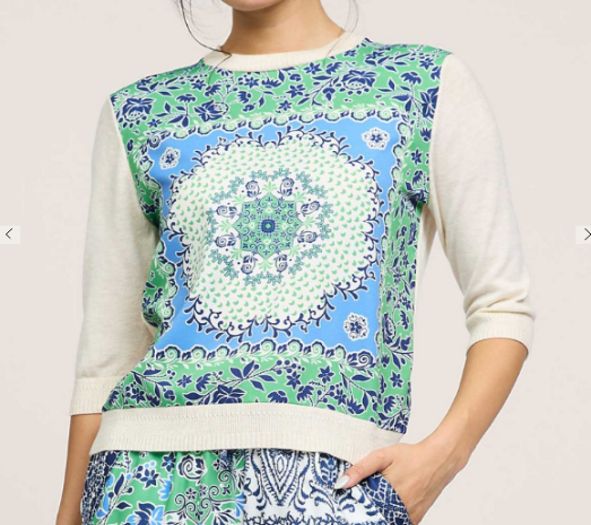 Round Neck Elbow Slv Woven Front Sweater Top, Size: XS, Color: Green Multi