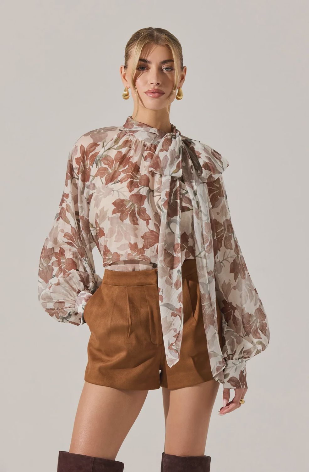 Cinthia Top, Color: Brown White Floral, Size: XS