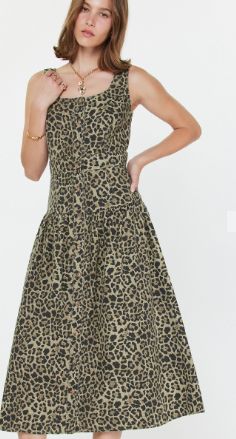 Leopard Midi Dress, Color: Olive Green Leopard, Size: XS