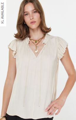 Ruffled Split Neck Top, Color: Ecru, Size: XS
