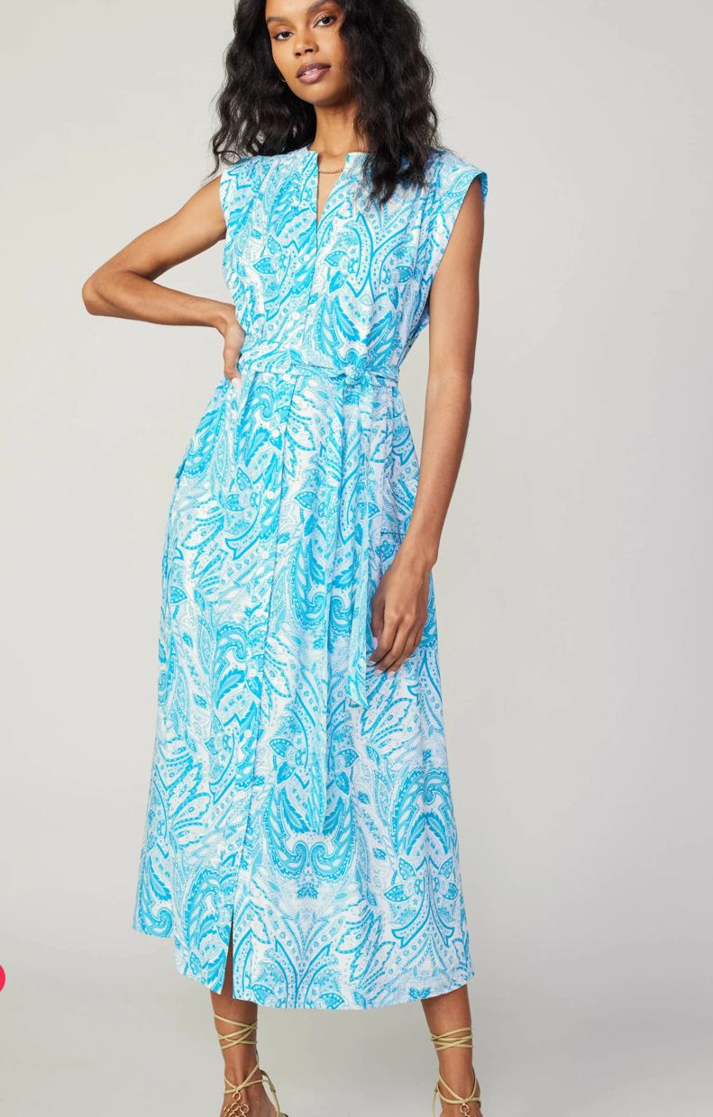 SLEEVELESS V-NECK BUTTON DOWN 3Q-LENGTH DRESS WITH SELF-TIE DETAIL ON WAIST &amp; FLAP POCKET ON SIDES, Color: Blue Multi, Size: XS