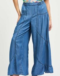 Elasticized Back Waist Tiered Pants, Color: Chambray, Size: XS