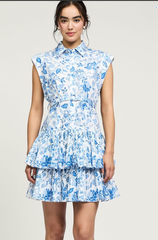 Sleeveless Button Down Tiered Mini Dress With Belt &amp; Pleated Detail