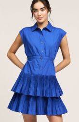Sleeveless Button Down Tiered Mini Dress With Belt &amp; Pleated Detail, Color: Blue, Size: XS
