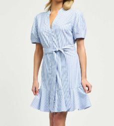 Split Neck Button Front Striped Rhinestone Dress, Color: Light Blue Mlt, Size: XS