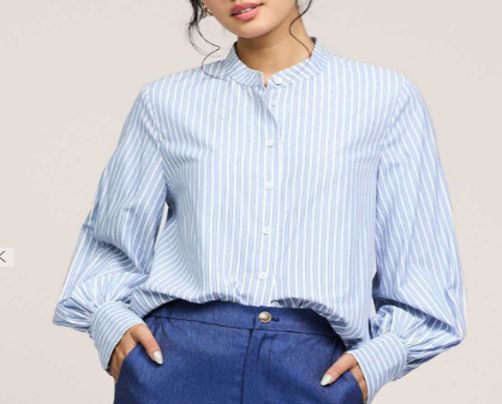 Striped Rhinestone Mandarin Collar Shirt, Color: Light Blue Mlt, Size: XS
