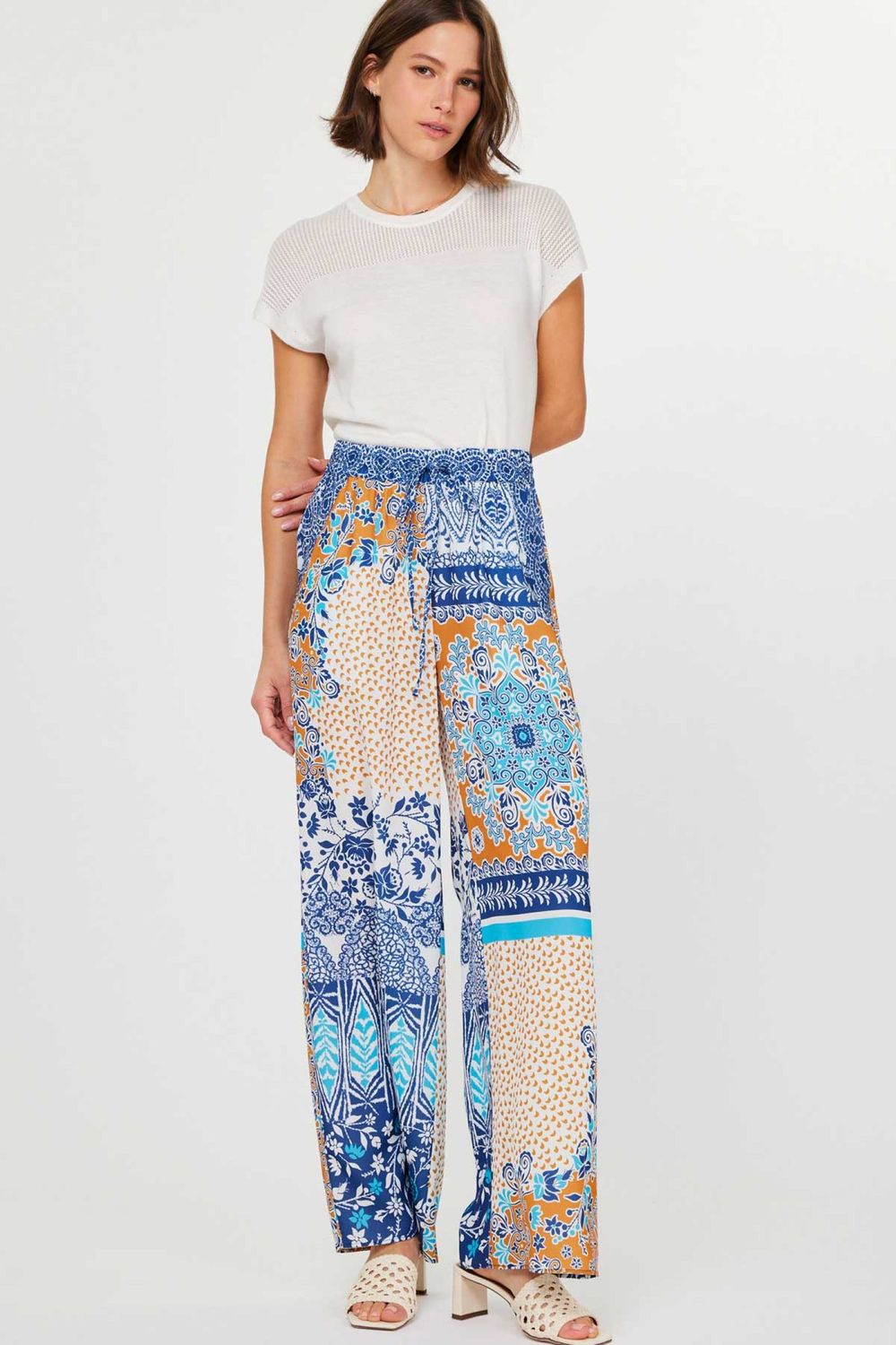 Long Wide Pants with Elasticated Waist, Color: Green Multi, Size: XS
