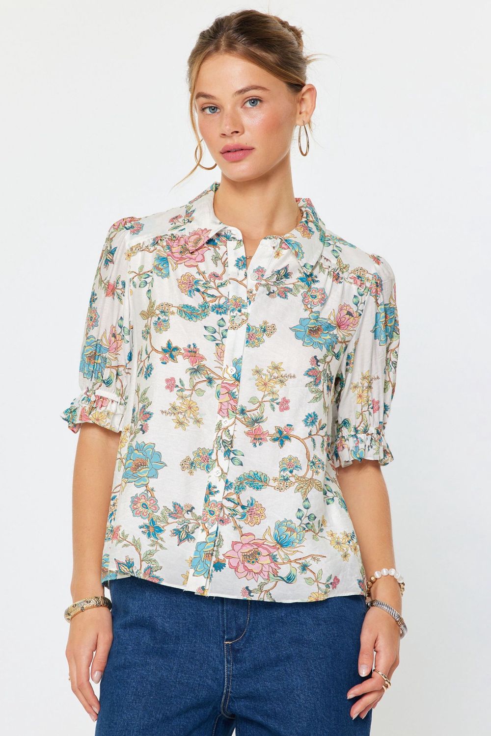 Floral Printed Shirt Collar