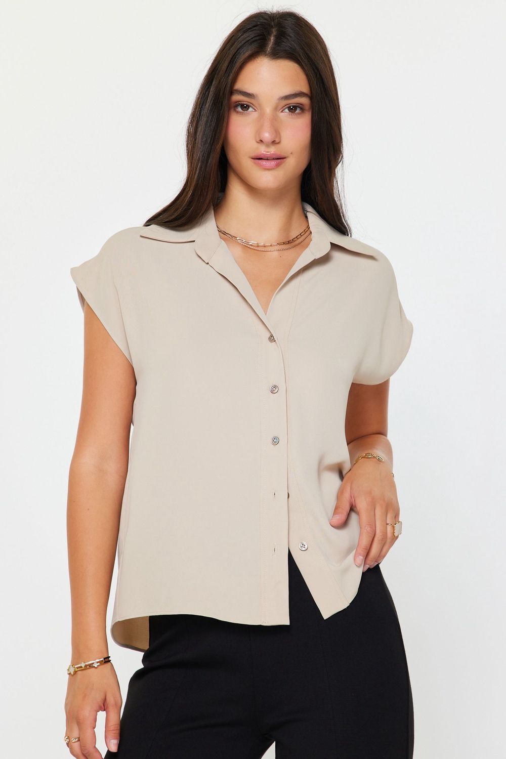 Classic Collar Button Down, Color: Taupe, Size: XS