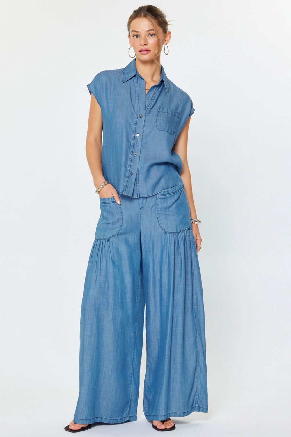 Half Elastic Waist Tiered Pants