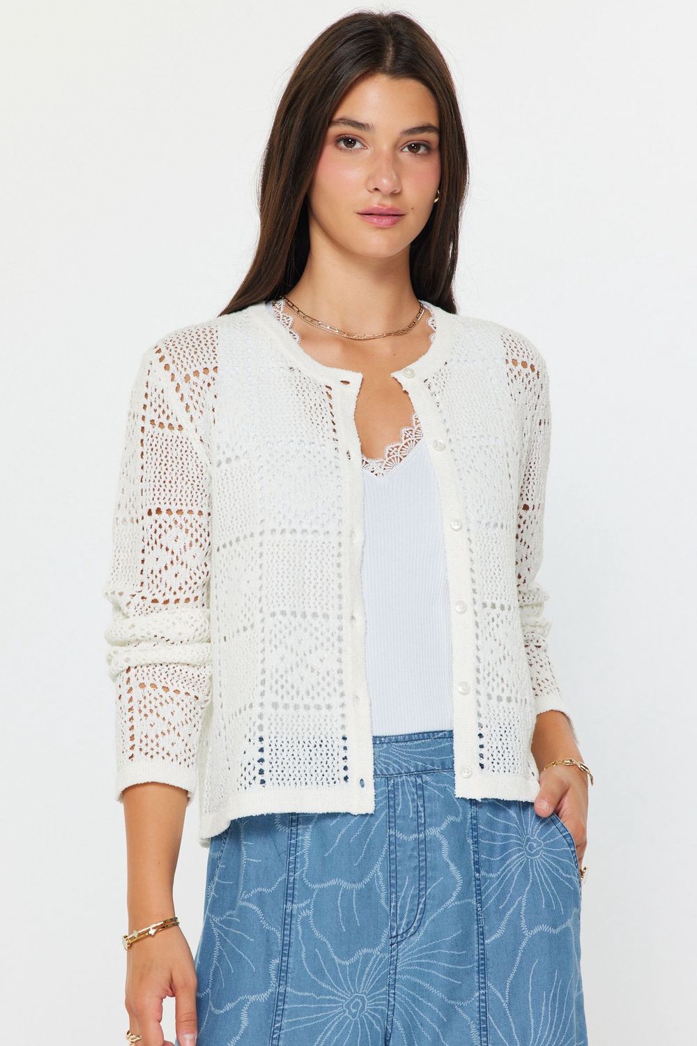 Long Sleeve Crew Neck Cardigan, Color: White, Size: XS