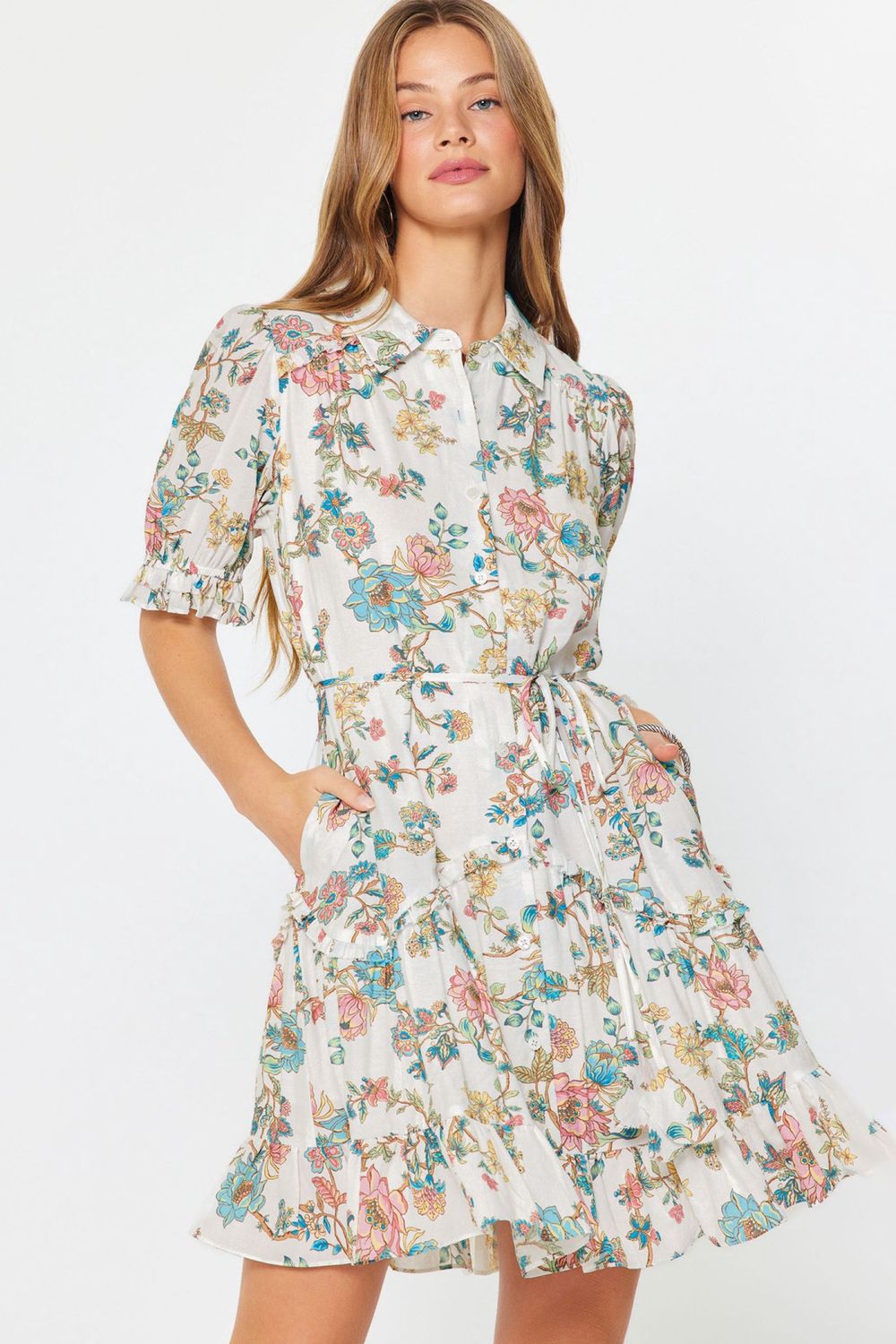 Floral Printed Mini Shirt Dress, Color: Multi, Size: XS
