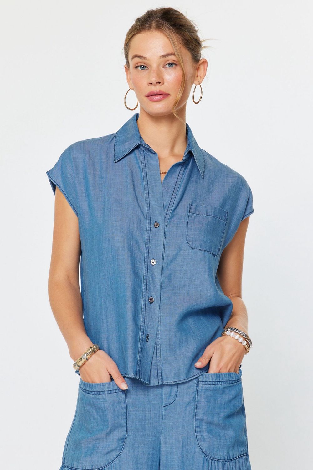 Cap Sleeve Button Down Blouse, Color: Chambray, Size: XS