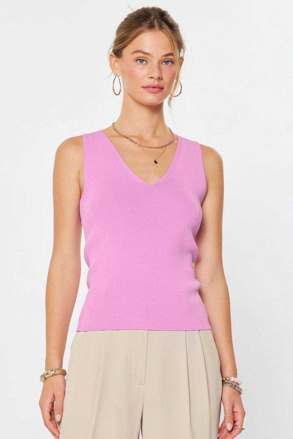 Sleeveless V-Neck Sweater Top, Color: Orchid, Size: XS