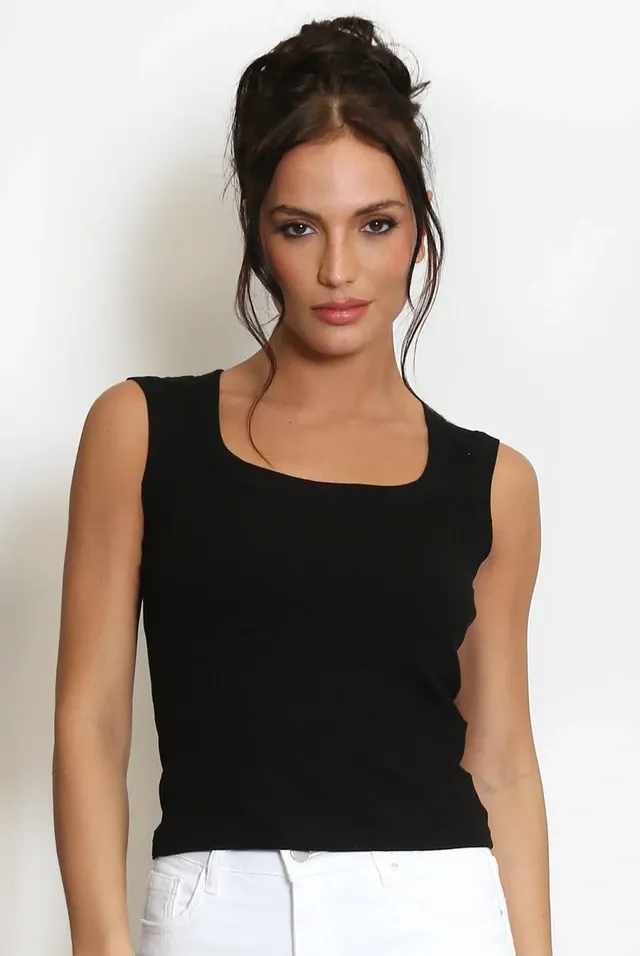 Fine Knit Square Neck Vest Top, Color: Black, Size: S