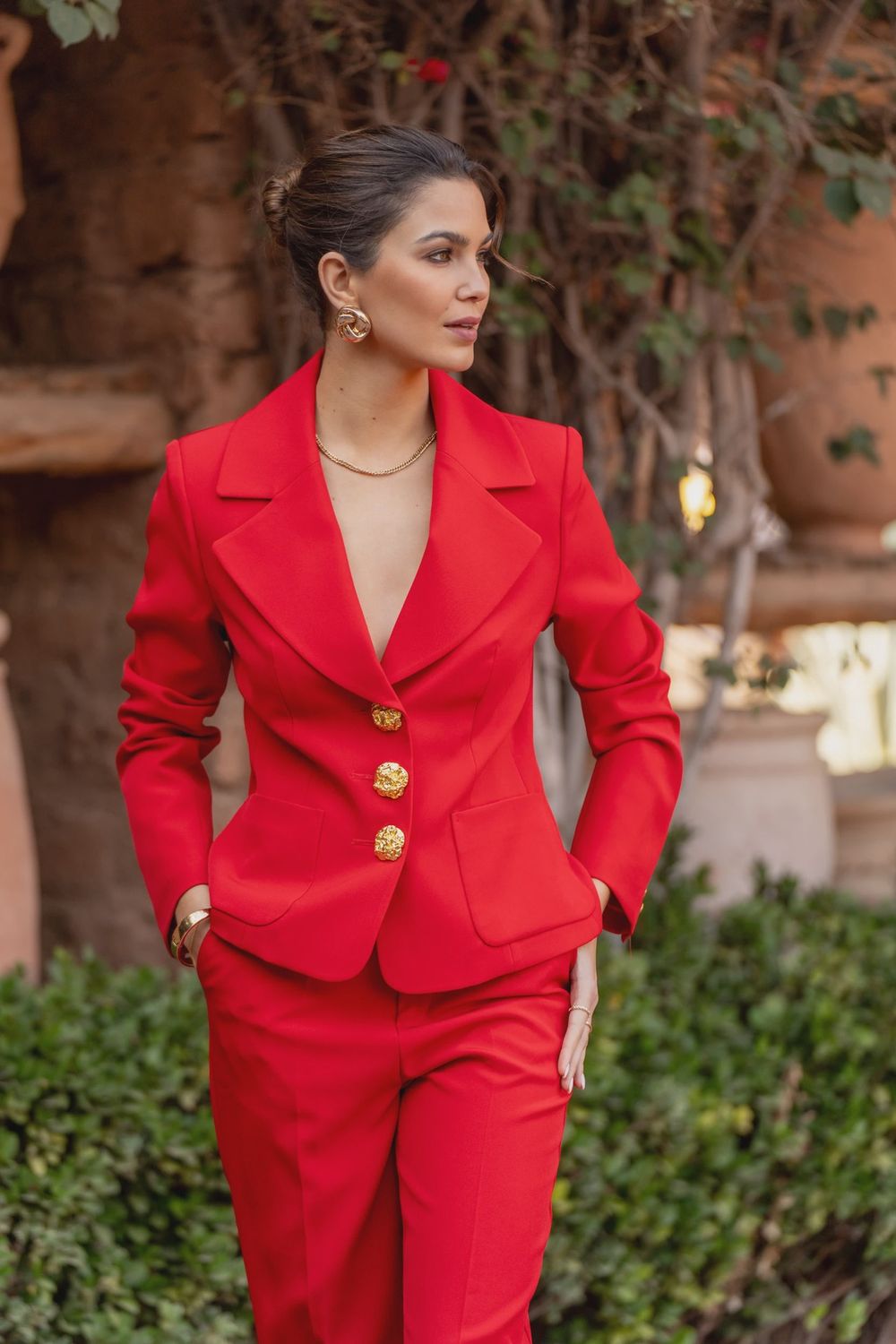 Embossed Button Single Breast Blazer, Color: Red, Size: 36